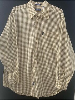 Izod Men’s Yellow and Navy Blue Button-Down Long Sleeve Dress Shirt